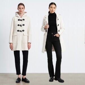 BCBGMaxAzria Wool Ivory Long Peacoat Over Coat Toggles Modern Classic Zip XXS
